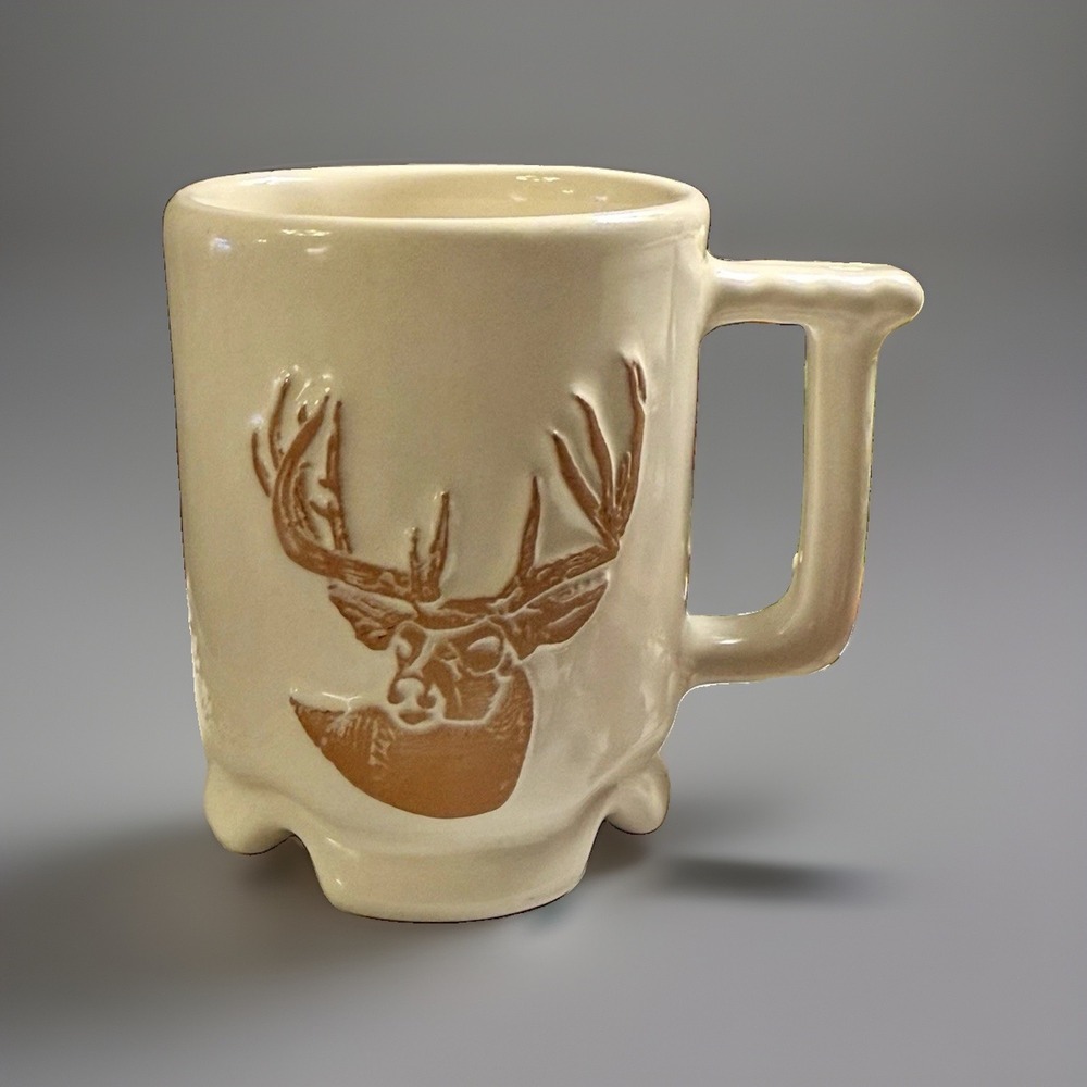 Vtg Frankoma Pottery Buck Deer Mug White Brown Antler Footed Coffee Cup